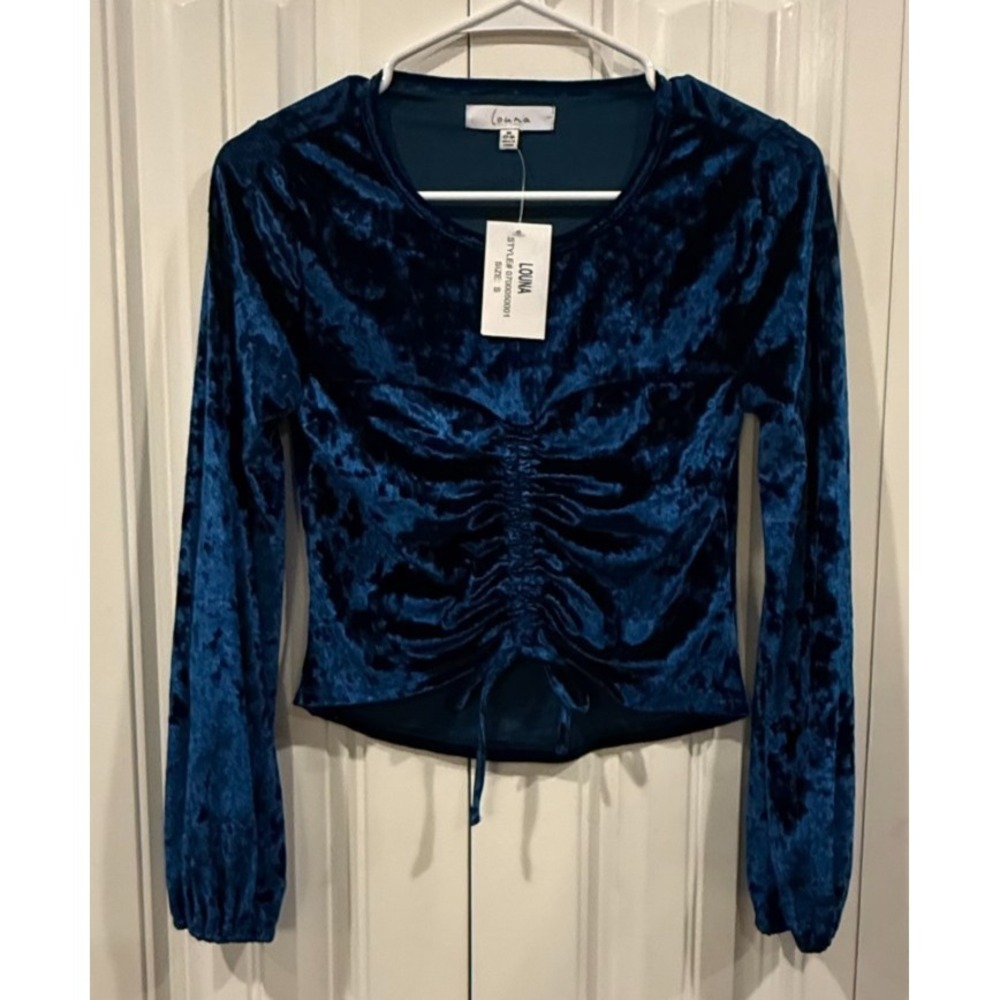 Louna Blue Velvet Ruched Front Long Sleeve Crop Top Y2K Party Goth S NWT